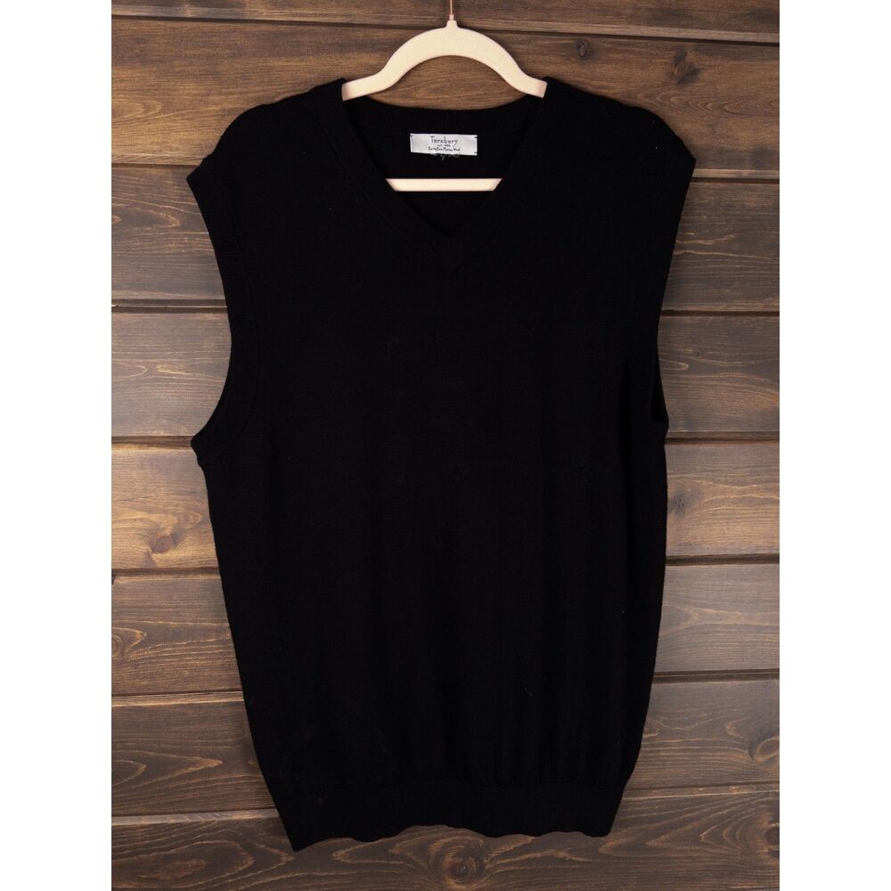Turnbury Extra Fine Merino Wool Black Sweater Vest V Neck Mens Large *FLAW*